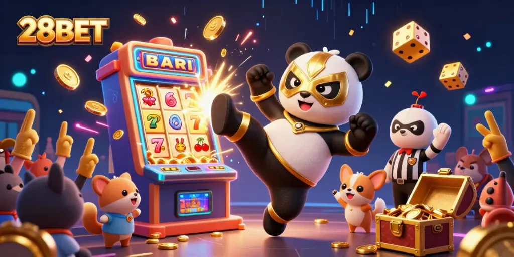 28BET showcases thrilling gaming action with a vibrant 3D panda wrestler and dynamic casino elements.