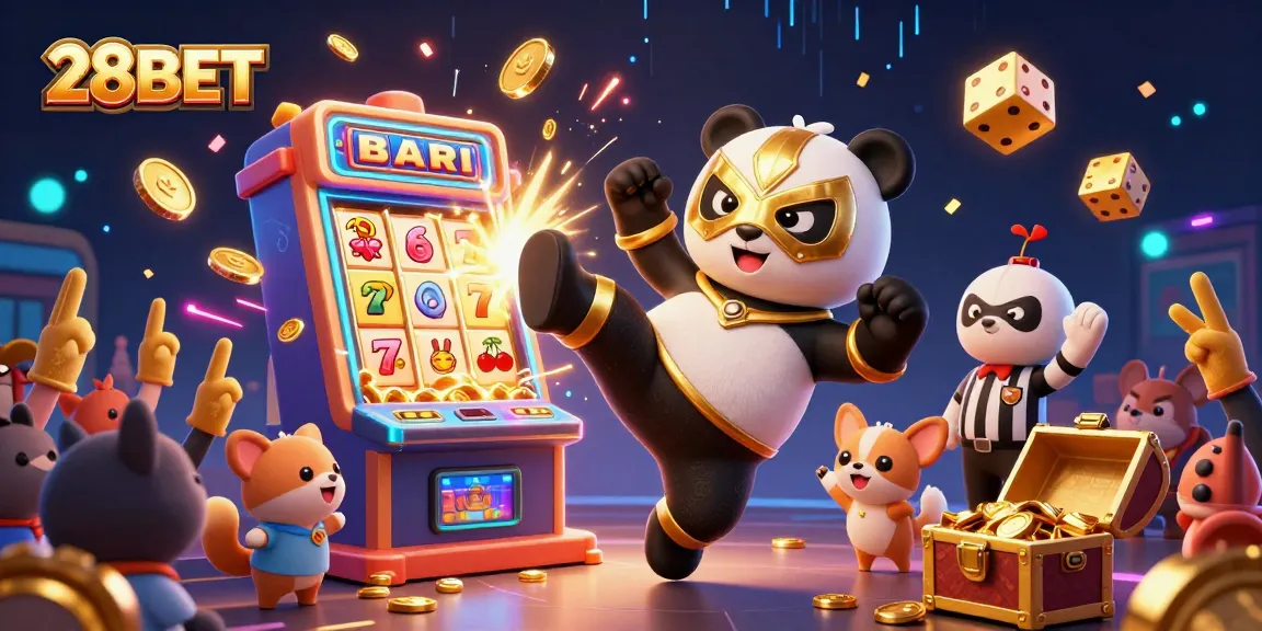 28BET showcases thrilling gaming action with a vibrant 3D panda wrestler and dynamic casino elements.