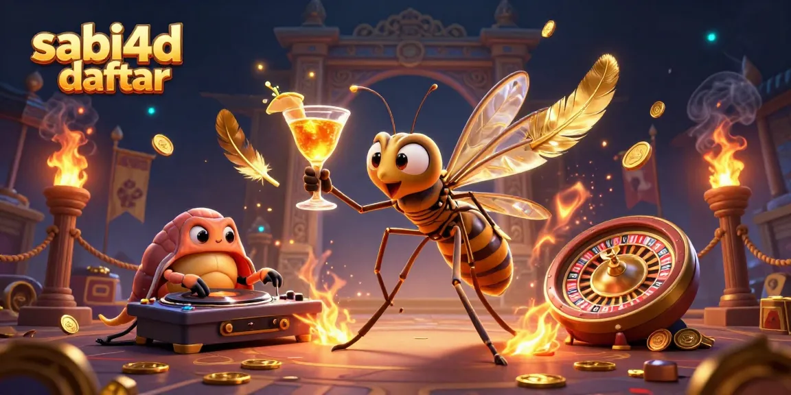 Sabi4d daftar casino illustration showcases an amber mosquito mascot, trilobite DJ, and golden roulette wheel