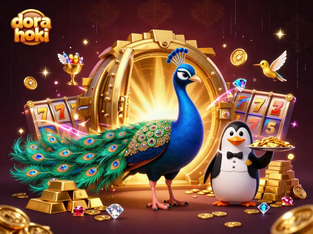 Gambar dora hoki menampilkan permainan slot dengan karakter hewan berwarna cerah dan elemen emas yang melimpah.