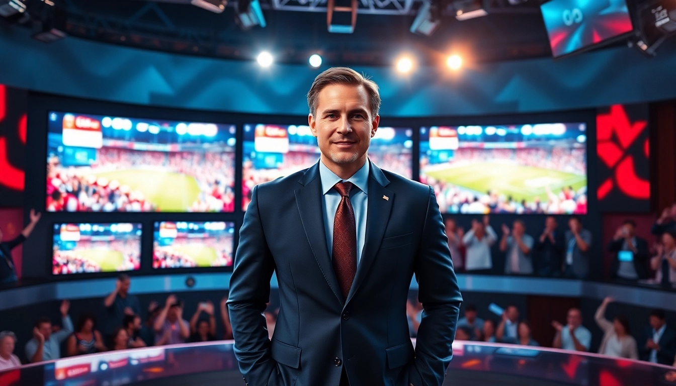 Dynamic presenter in a professional setting of sports broadcasting with vibrant displays.