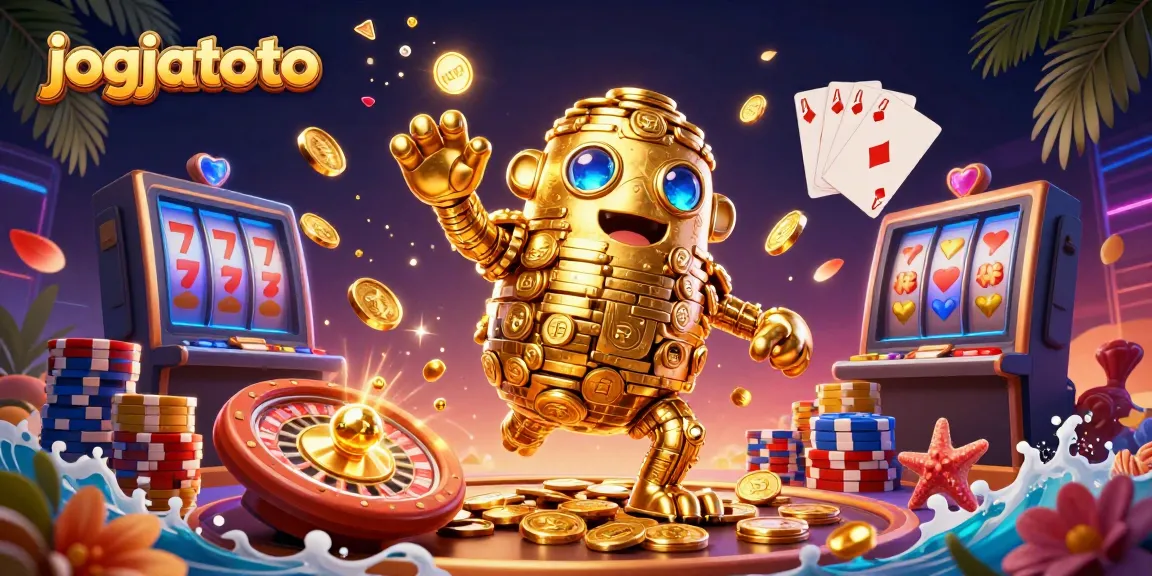 Experience thrilling gameplay at jogjatoto with a dynamic scene featuring a golden golem and casino elements.