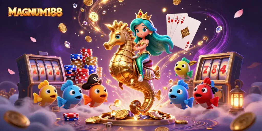 Engage with vibrant gaming action at MAGNUM188 featuring a mermaid princess and dynamic casino elements.