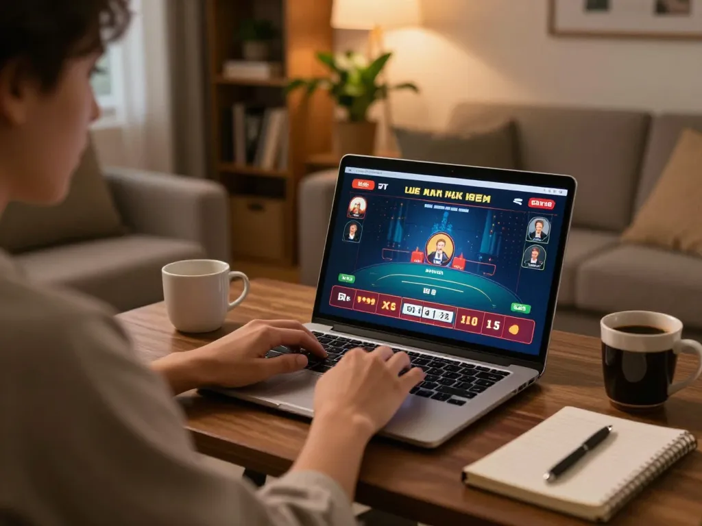 Player engaging with nego77 online casino from a cozy home setting, emphasizing strategic gameplay.