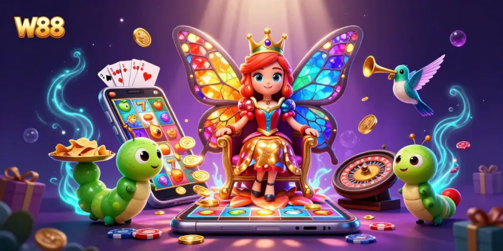 Experience the excitement of W88 with vibrant casino elements in a magical scene.