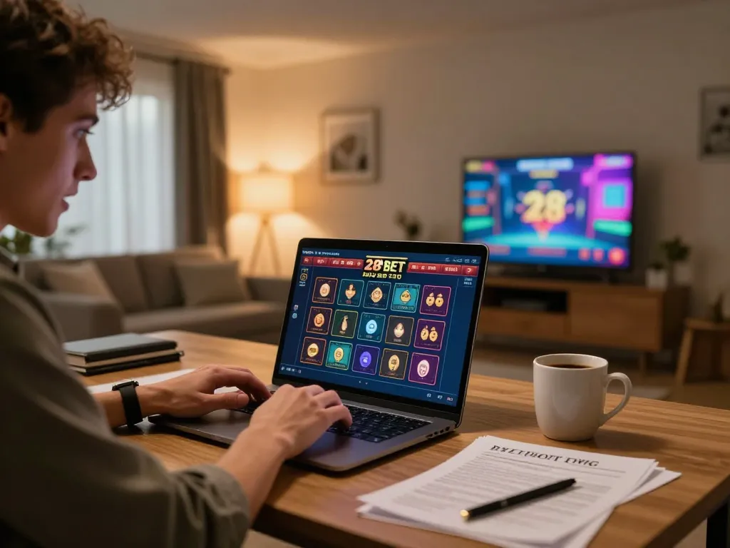 Person engaging with 28 BET live casino games on a laptop, vibrant gaming atmosphere.