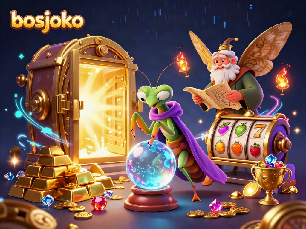 Spin and win at bosjoko, featuring a mystical fortune teller and golden treasures in a vibrant casino scene.