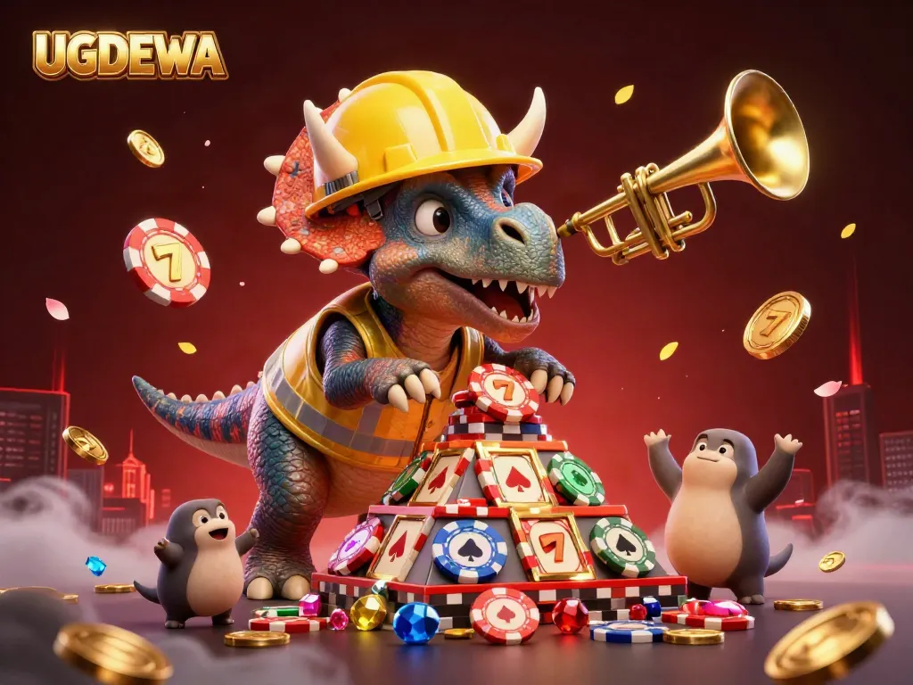 UGDEWA shows a triceratops and friends celebrating a win with floating slot reels and gold coins.