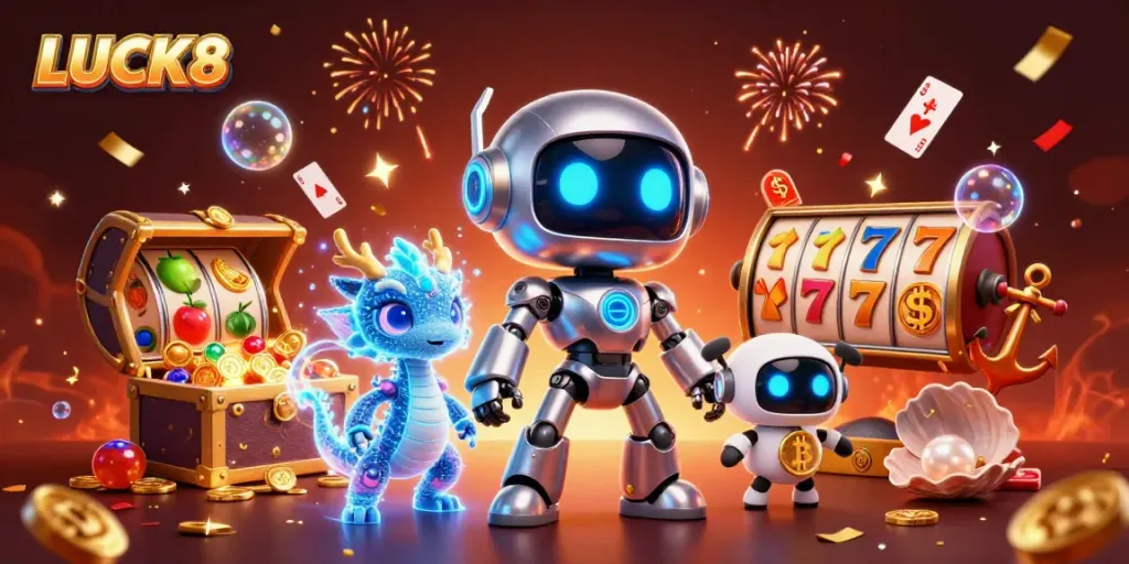 Spin to win with LUCK8 in this vibrant casino-themed 3D illustration featuring exciting game elements.