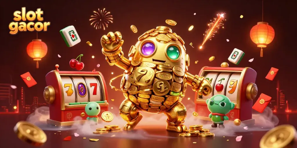 Mengakses slot gacor dengan simbol mesin slot dan petunjuk kemenangan dari golem emas dalam ilustrasi 3D yang menarik.
