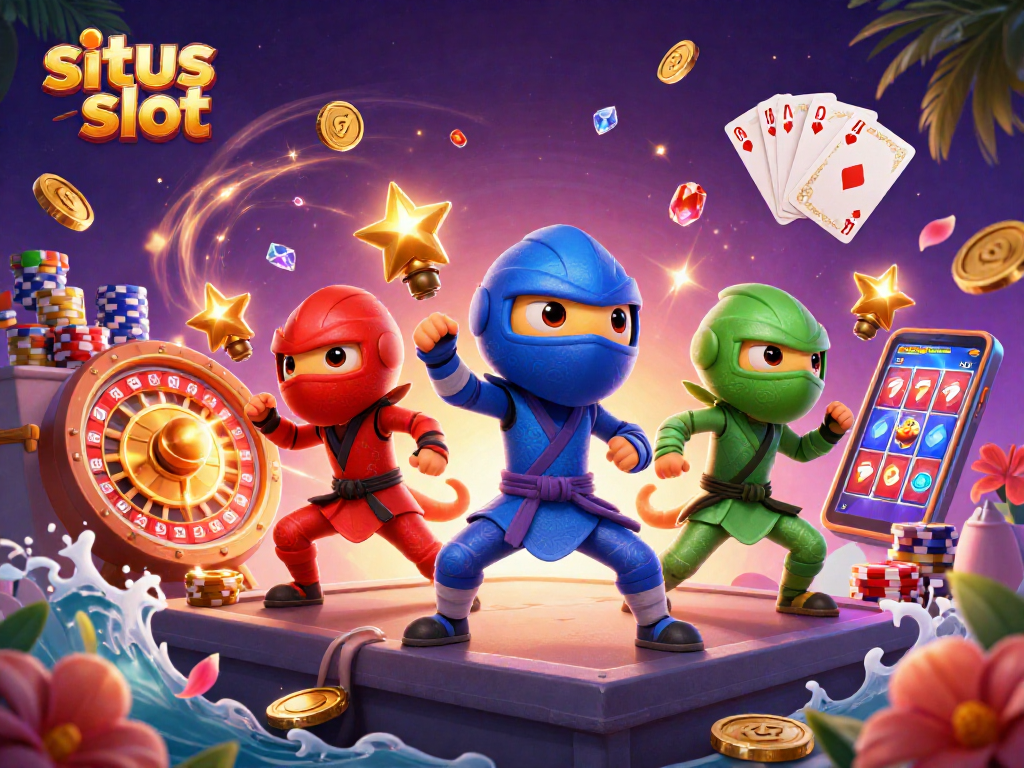 Synchronized chameleon ninjas celebrating on a situs slot rooftop, surrounded by coins and cards