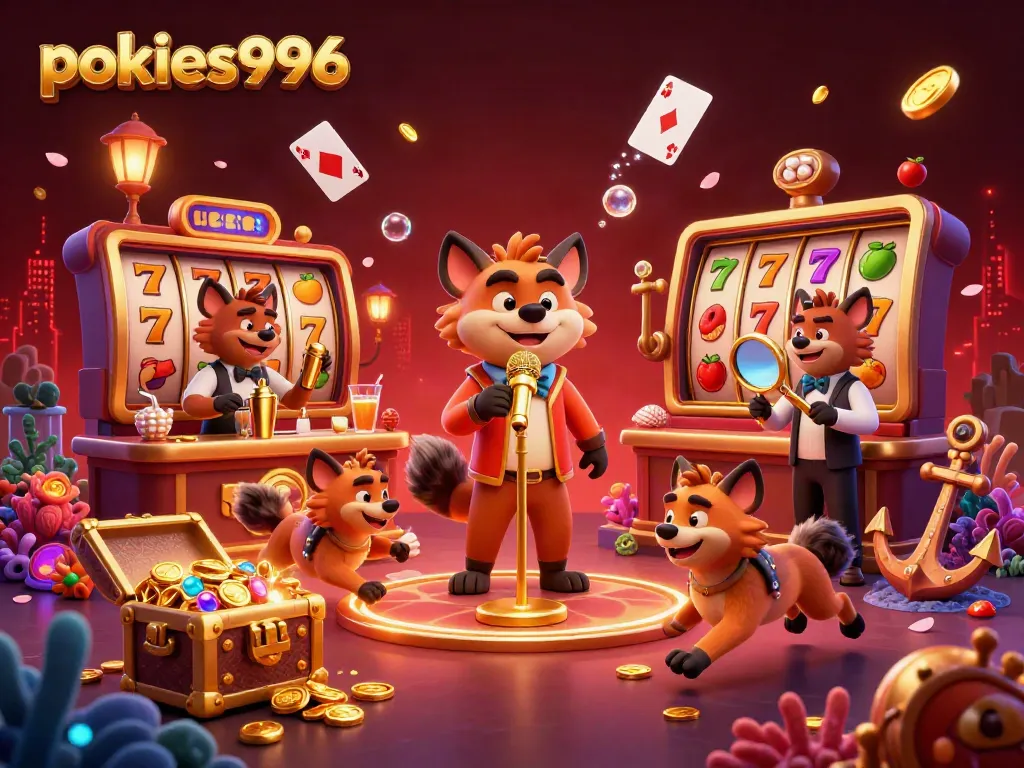 Join the action at pokies996 as hyenas entertain in a vibrant casino scene filled with slot reels and gold coins.