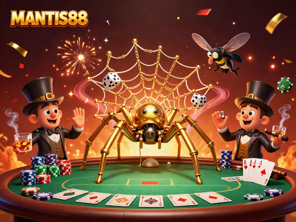 MANTIS88’s vibrant steampunk casino scene depicts a playful spider and dice in a rich gaming atmosphere.