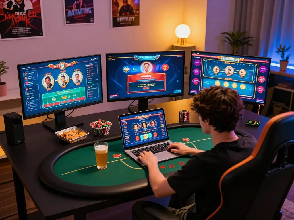 Engaging online poker gameplay on a laptop, showcasing mpo08 link alternatif for strategic betting success
