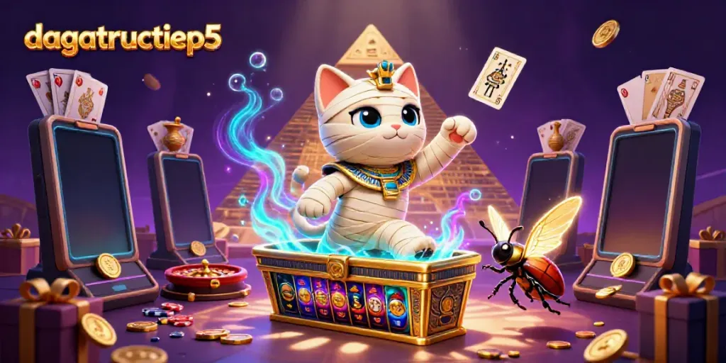 Experience excitement with dagatructiep5 in this vibrant 3D casino illustration featuring a mummy cat and glowing scarab.