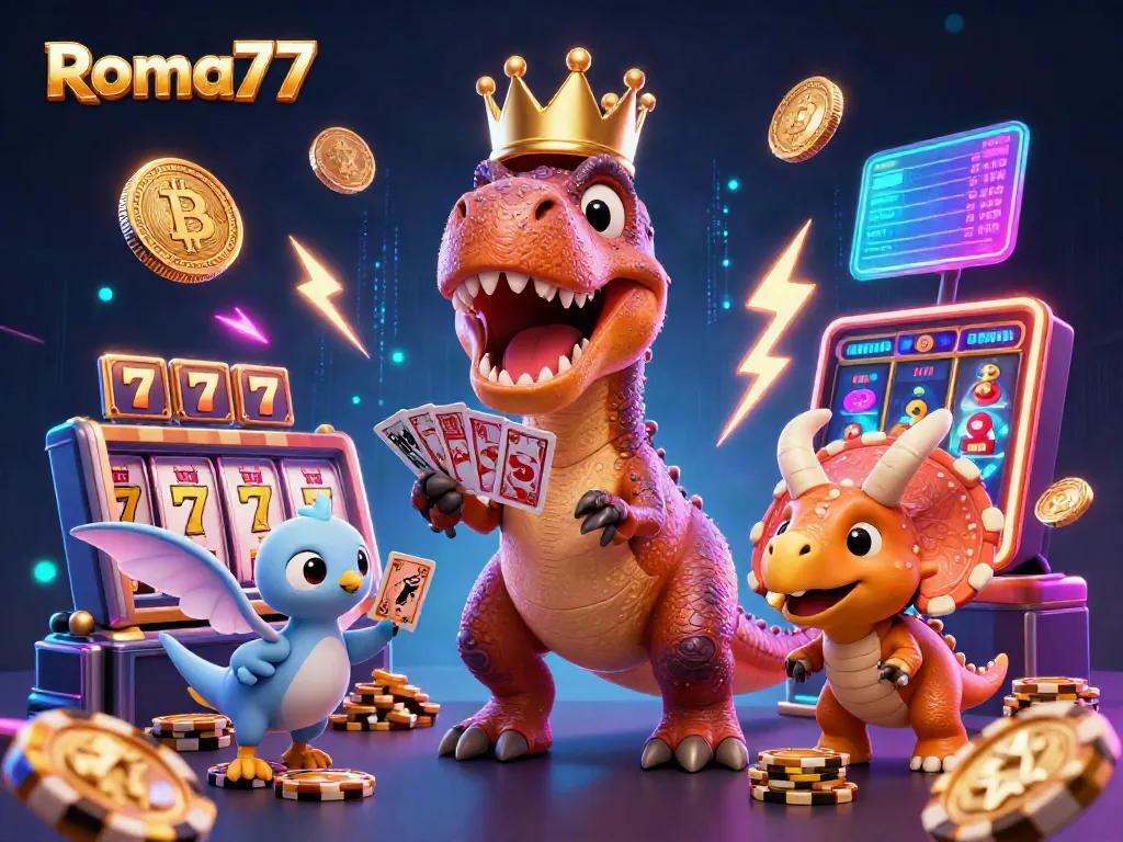 Experience fun with Roma77 as a T-Rex plays cards and a triceratops stacks chips in a colorful casino.