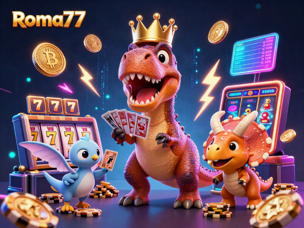 Experience fun with Roma77 as a T-Rex plays cards and a triceratops stacks chips in a colorful casino.