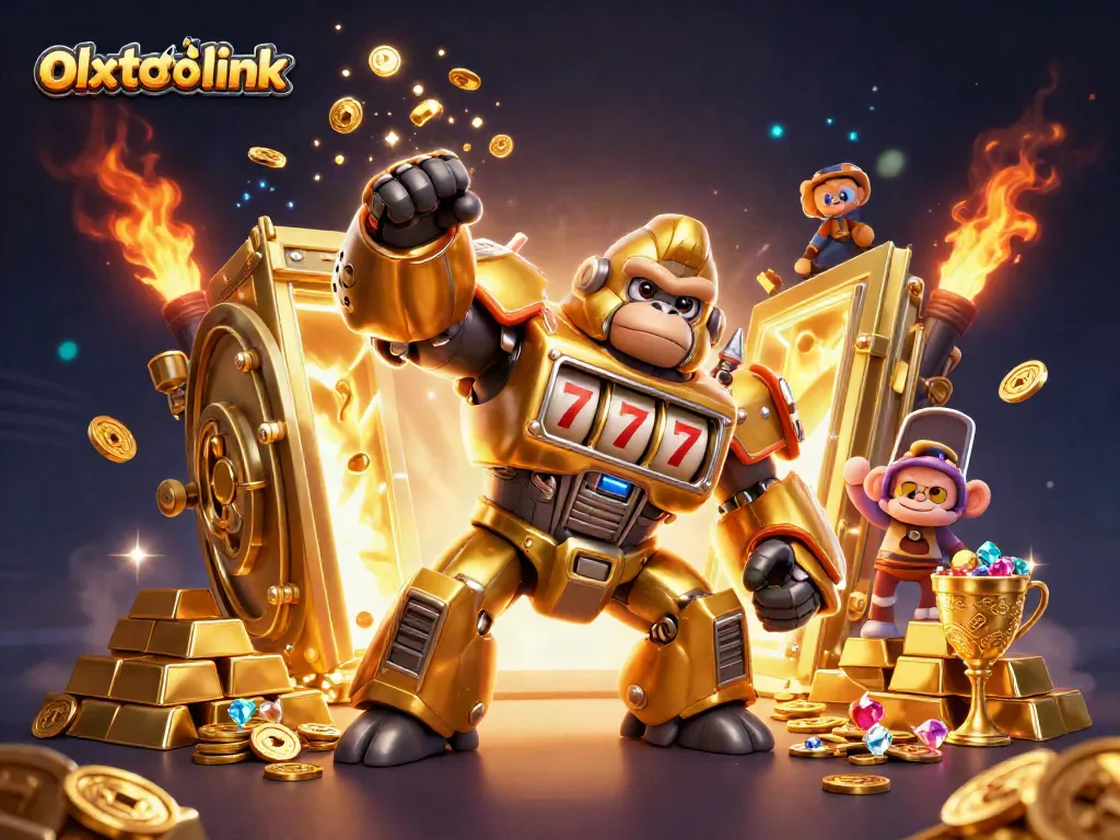 Engage with the vibrant olxtoto link displayed amidst a dynamic 3D casino-themed illustration.