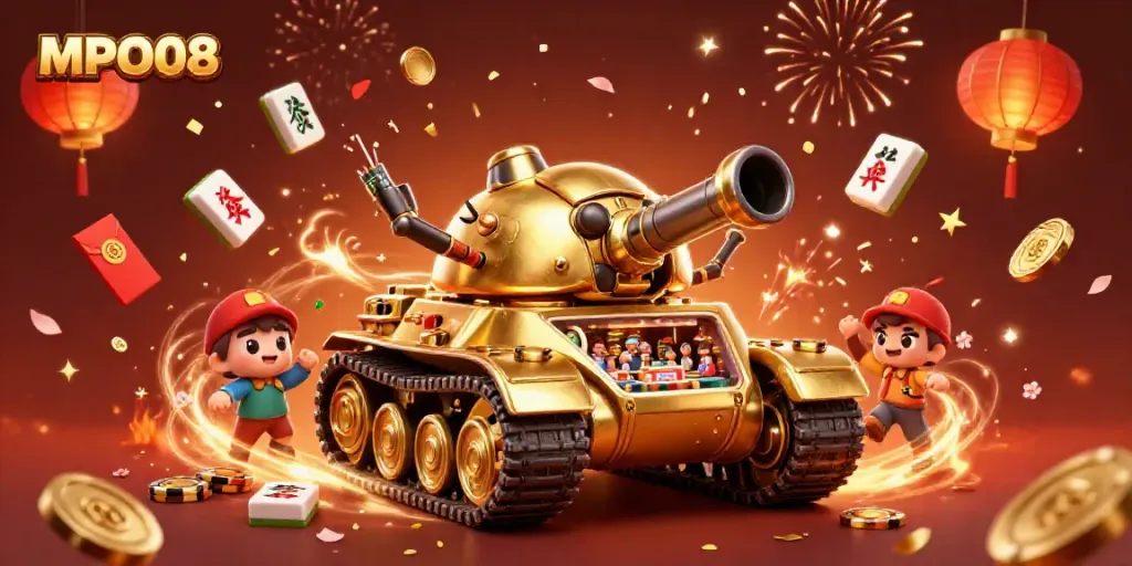 Experience the excitement of MPO08 with a vibrant 3D illustration featuring a gold beetle tank casino in action.