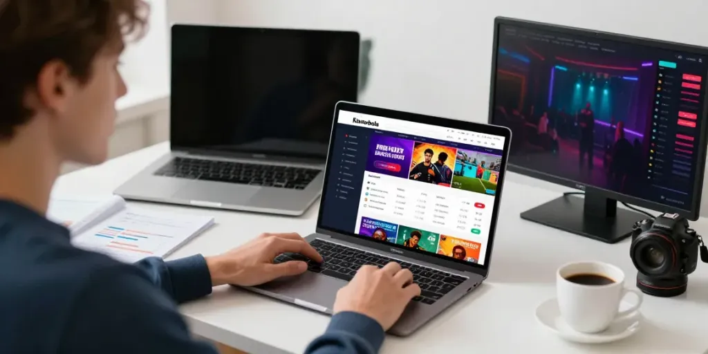 Seorang pengguna sedang mengakses website Kantorbola untuk taruhan online dengan laptop dan smartphone di meja kerja.
