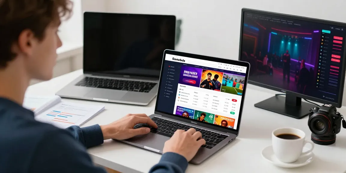 Seorang pengguna sedang mengakses website Kantorbola untuk taruhan online dengan laptop dan smartphone di meja kerja.