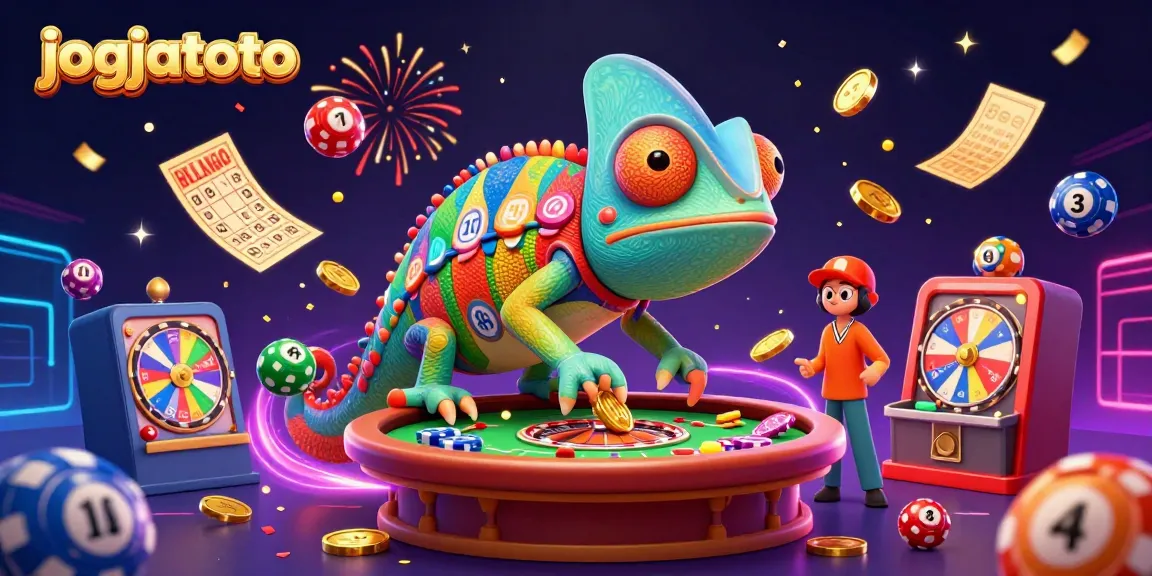 Engage in exciting games at jogjatoto with colorful lottery balls, vibrant visuals, and a dynamic chameleon character.