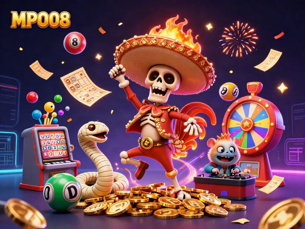 MPO08 animated characters celebrate lottery wins with colorful balls, showcasing excitement.
