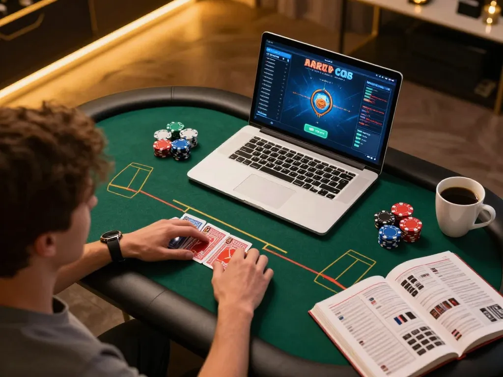 Nego77 player engaged in online poker gaming with strategic guides and laptop setup