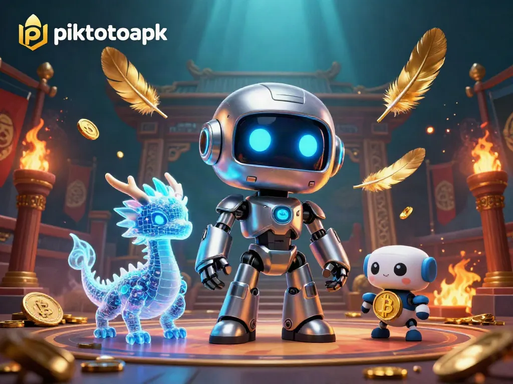 Experience thrilling games with piktotoapk's vibrant cyberpunk-themed illustration filled with gold and dynamic elements.