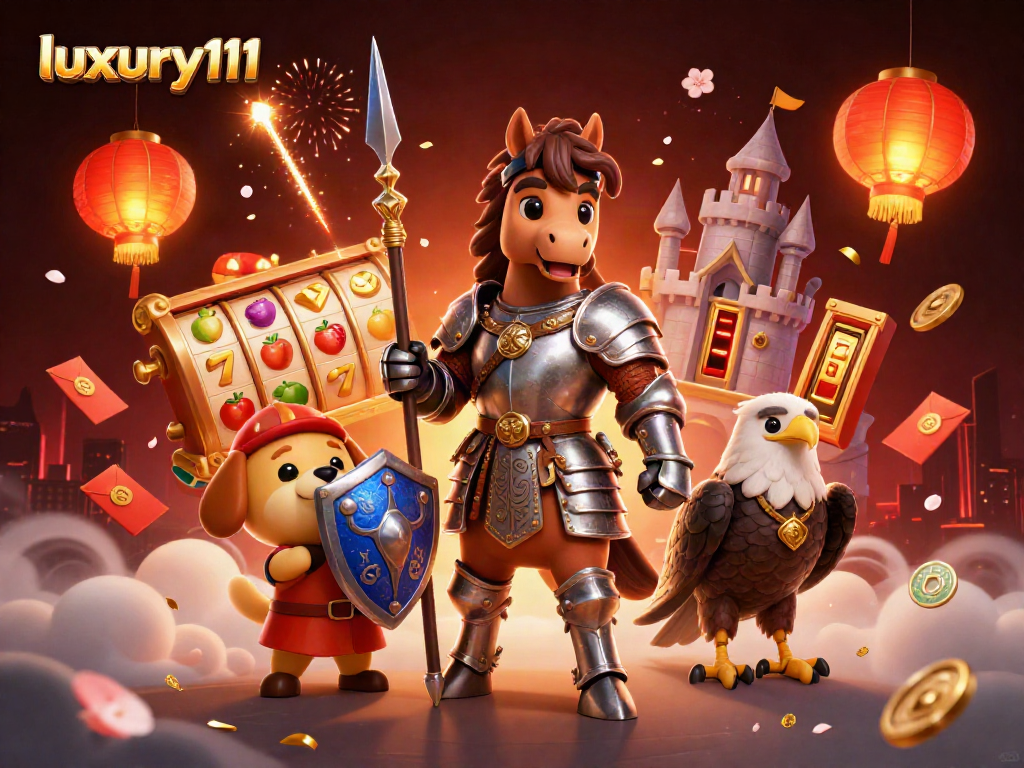 luxury111 illustrated scene with a medieval knight, squire puppy, and falcon surrounded by slot game elements