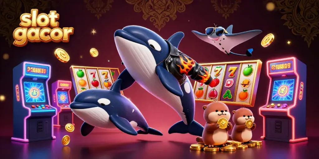 Visualisasi slot gacor dengan ikan orca, ikan pari, dan berang-berang membawa koin emas dalam suasana bermain judi.