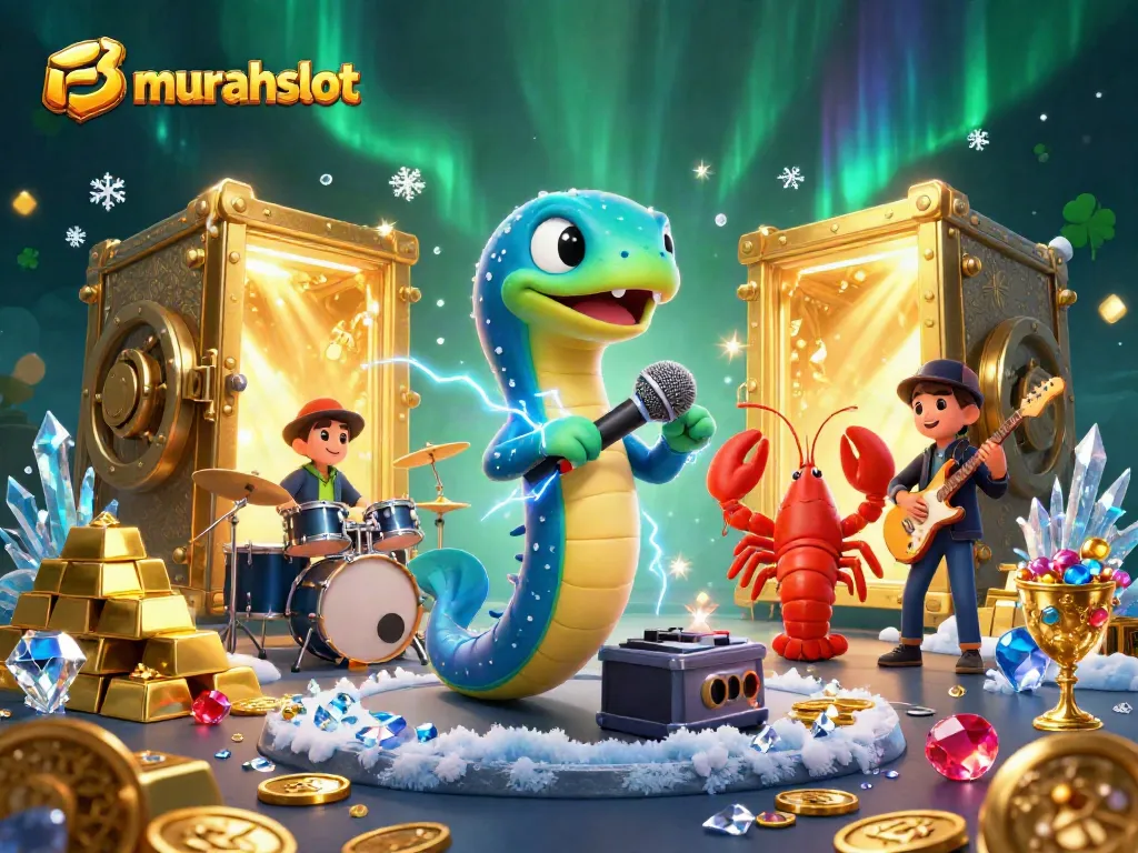 Ilustrasi kasino bawah laut dengan murahslot, ikan belut DJ, dibantu lobster drummer, dan seahorse gitaris.