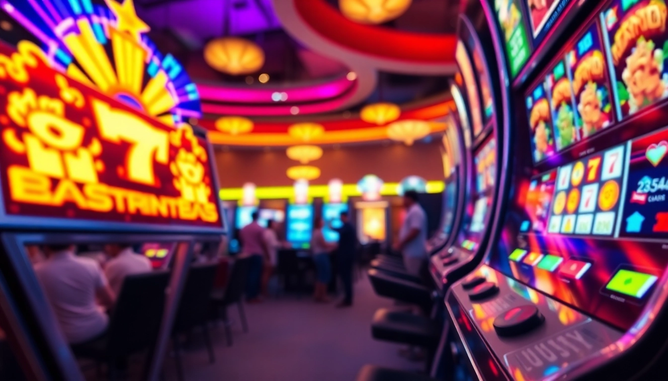 Slot mesin kasino yang memukau dengan koin yang berkilauan dan pemain yang bahagia.
