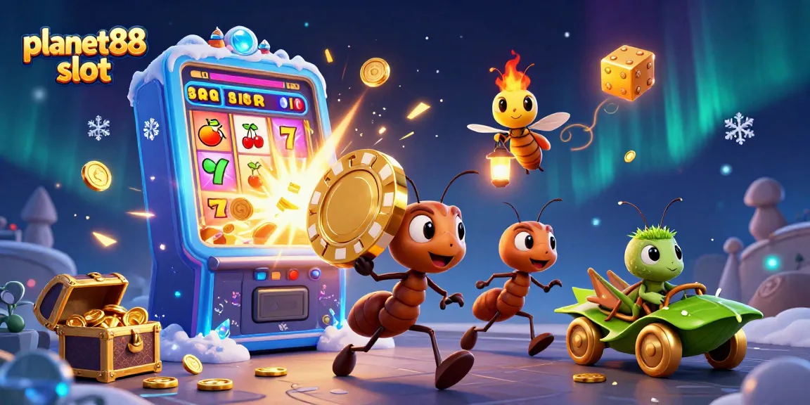 Experience thrilling action with planet88 slot as ants carry a giant poker chip in a vibrant casino heist scene.